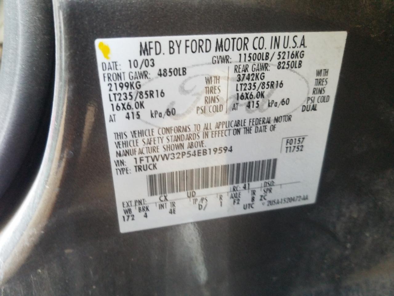 Photo 10 from auction – 2004 FORD F350 SUPER with VIN 1FTWW32P54EB19594