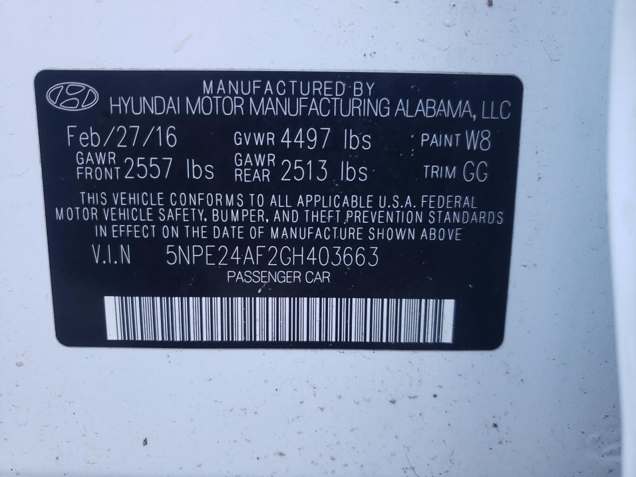 Photo 10 from auction – 2016 HYUNDAI SONATA SE with VIN 5NPE24AF2GH403663