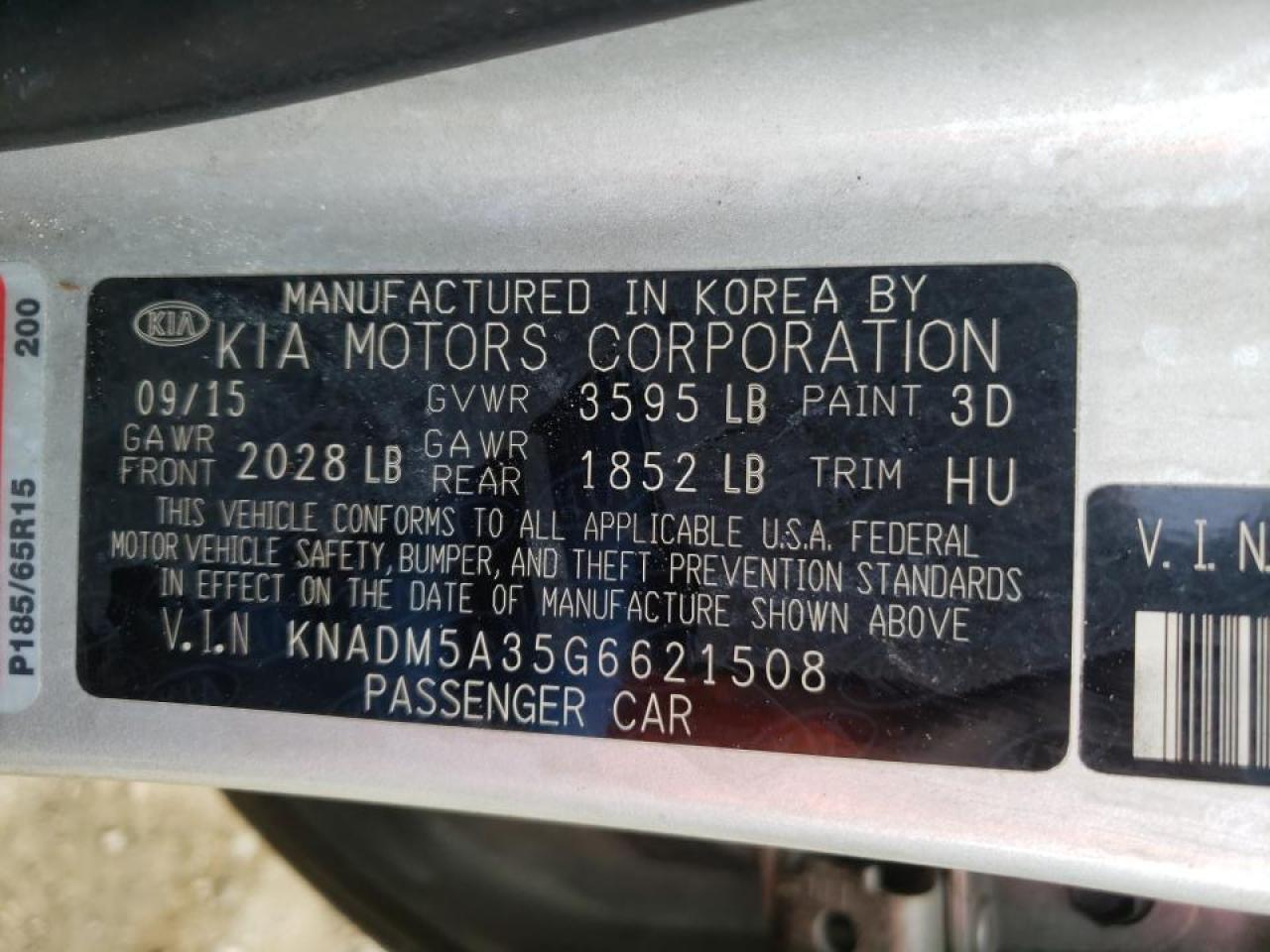 Photo 10 from auction – 2016 KIA RIO LX with VIN KNADM5A35G6621508
