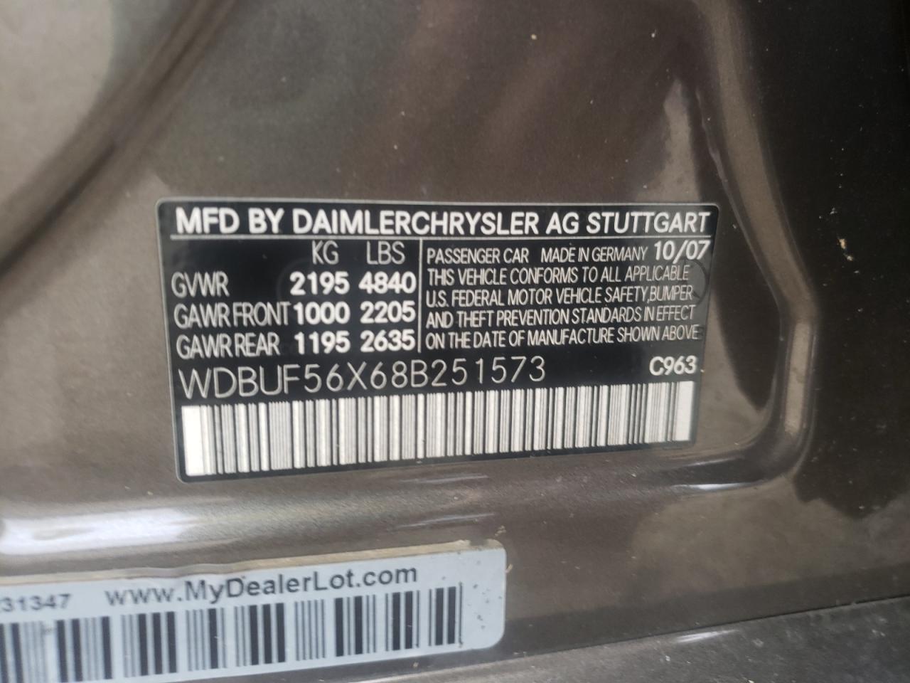 Photo 10 from auction – 2008 MERCEDES-BENZ E 350 with VIN WDBUF56X68B251573
