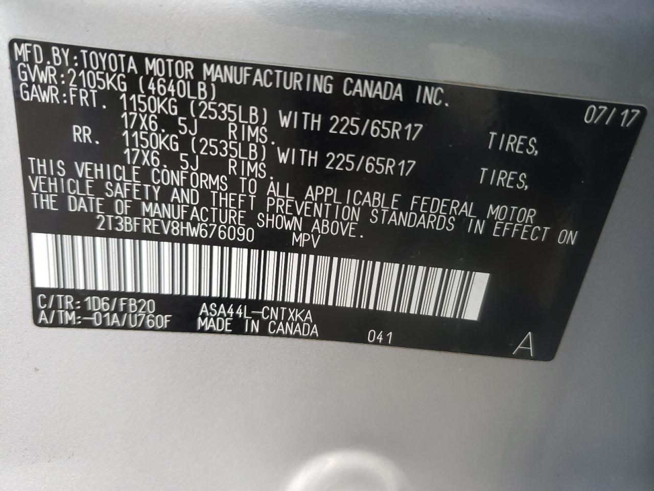 Photo 10 from auction – 2017 TOYOTA RAV4 LE with VIN 2T3BFREV8HW676090
