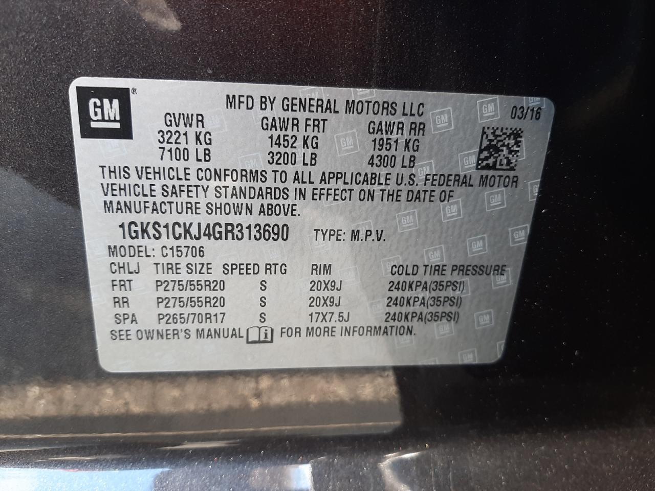 Photo 10 from auction – 2016 GMC YUKON DENA with VIN 1GKS1CKJ4GR313690