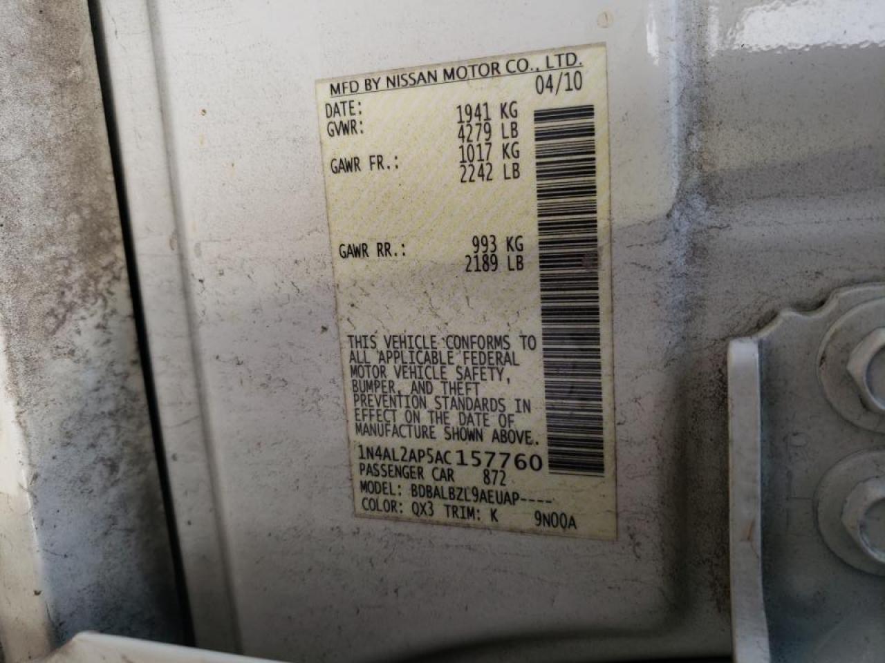 Photo 10 from auction – 2010 NISSAN ALTIMA BAS with VIN 1N4AL2AP5AC157760