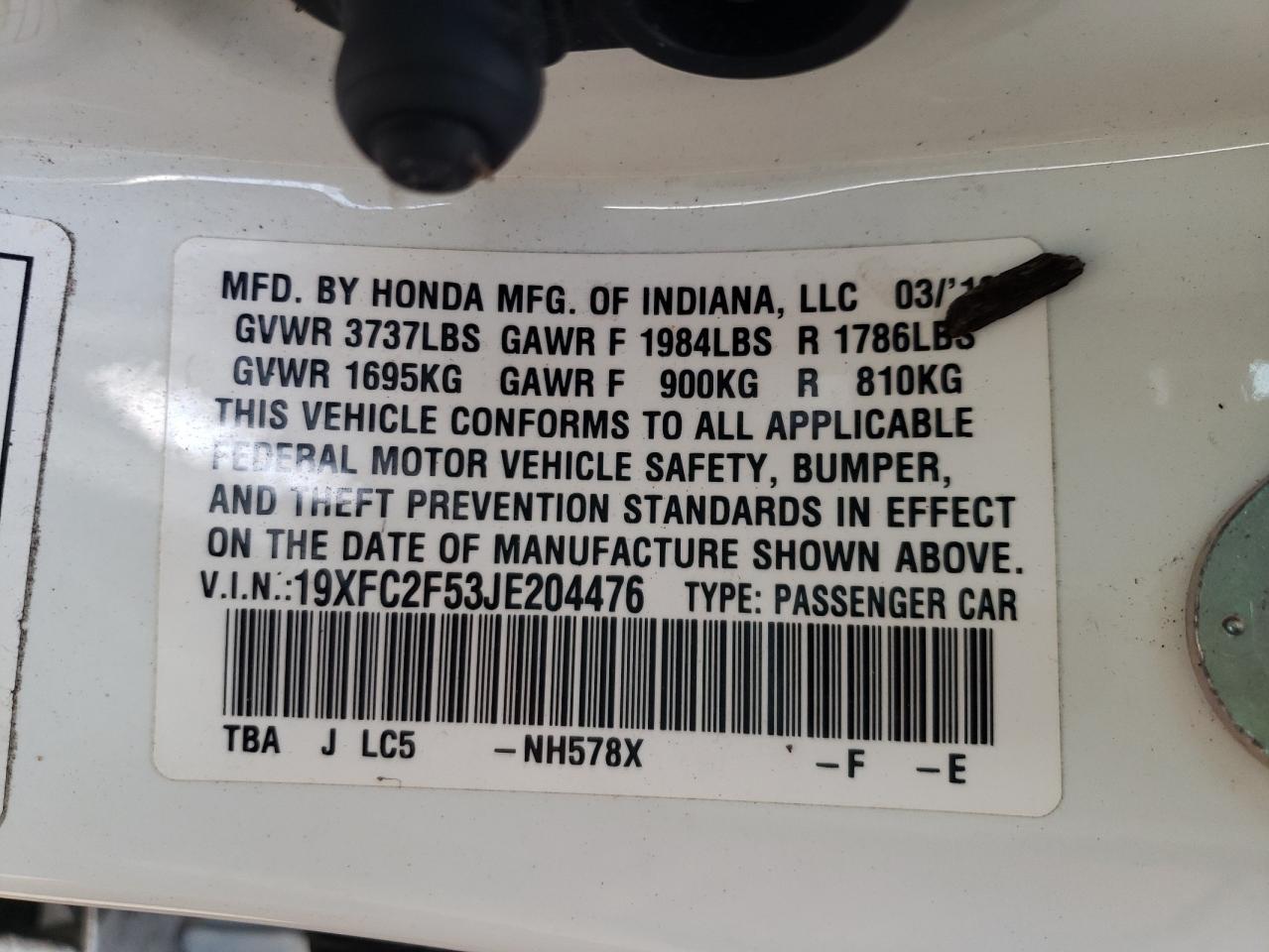 Photo 10 from auction – 2018 HONDA CIVIC LX with VIN 19XFC2F53JE204476