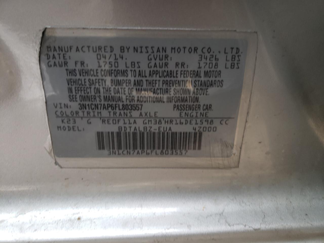 Photo 10 from auction – 2015 NISSAN VERSA S with VIN 3N1CN7AP6FL803557