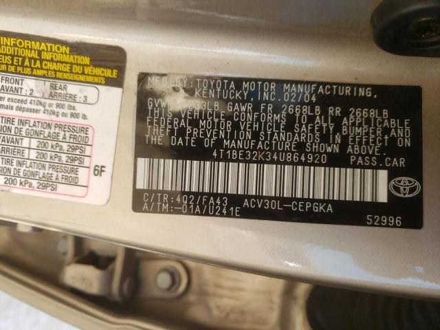 Photo 10 from auction – 2004 TOYOTA CAMRY LE with VIN 4T1BE32K34U864920