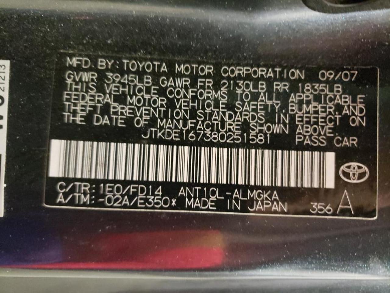 Photo 10 from auction – 2008 SCION TC with VIN JTKDE167380251581