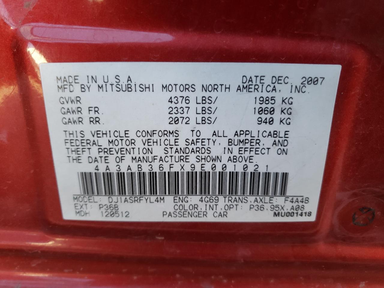 Photo 10 from auction – 2009 MITSUBISHI GALANT ES with VIN 4A3AB36FX9E001021