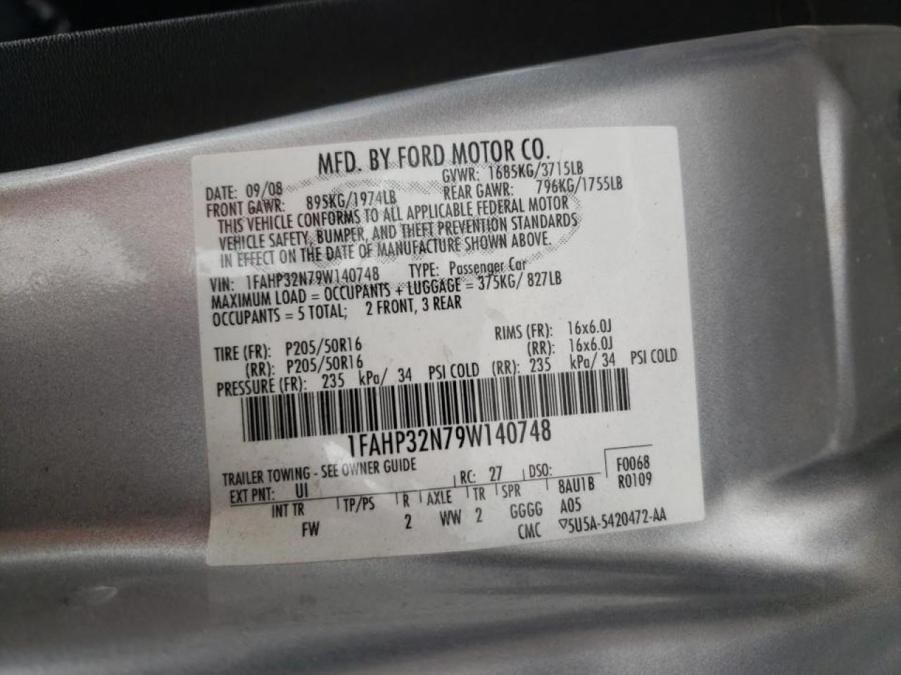 Photo 10 from auction – 2009 FORD FOCUS SE with VIN 1FAHP32N79W140748