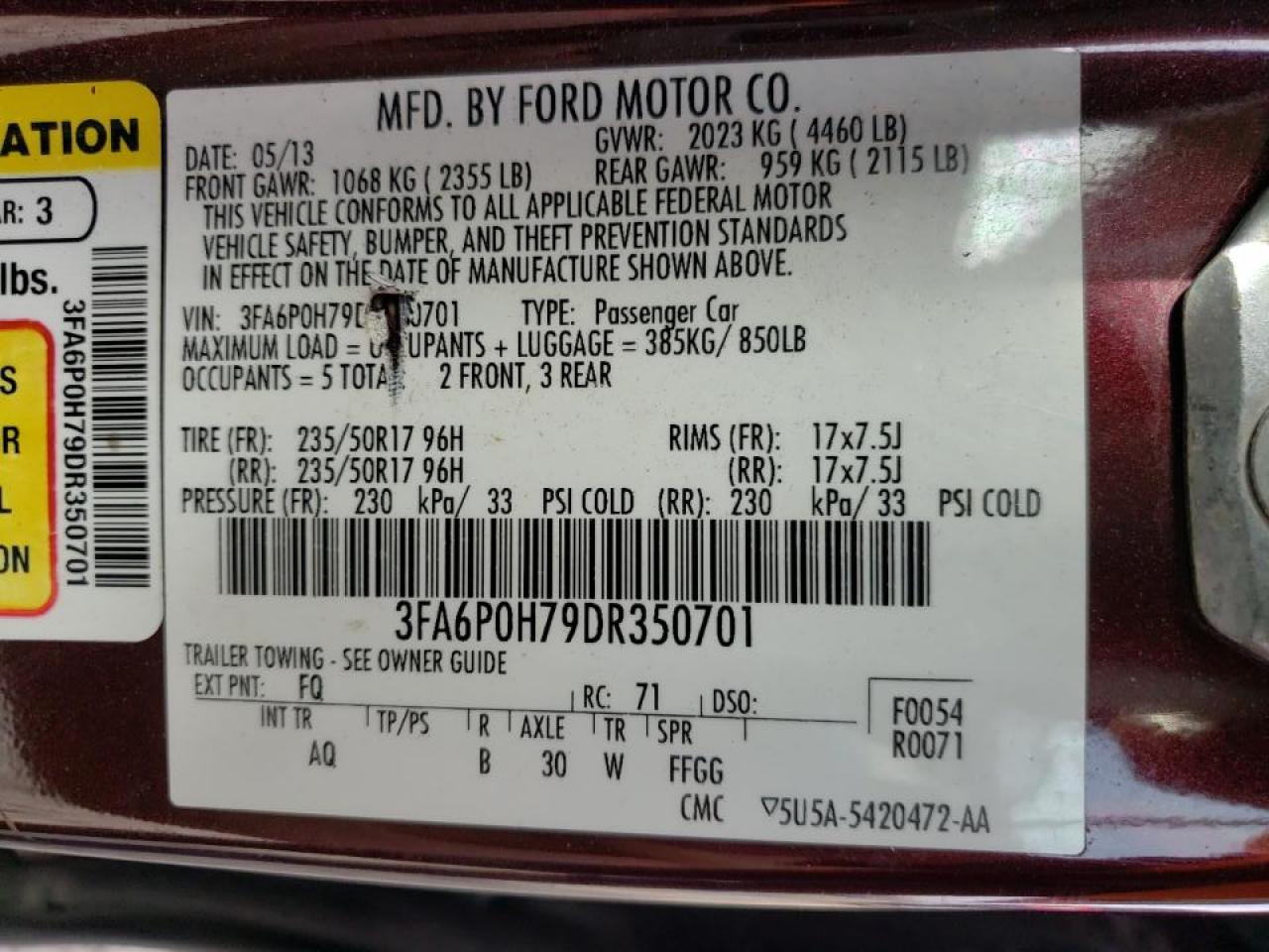 Photo 10 from auction – 2013 FORD FUSION SE with VIN 3FA6P0H79DR350701