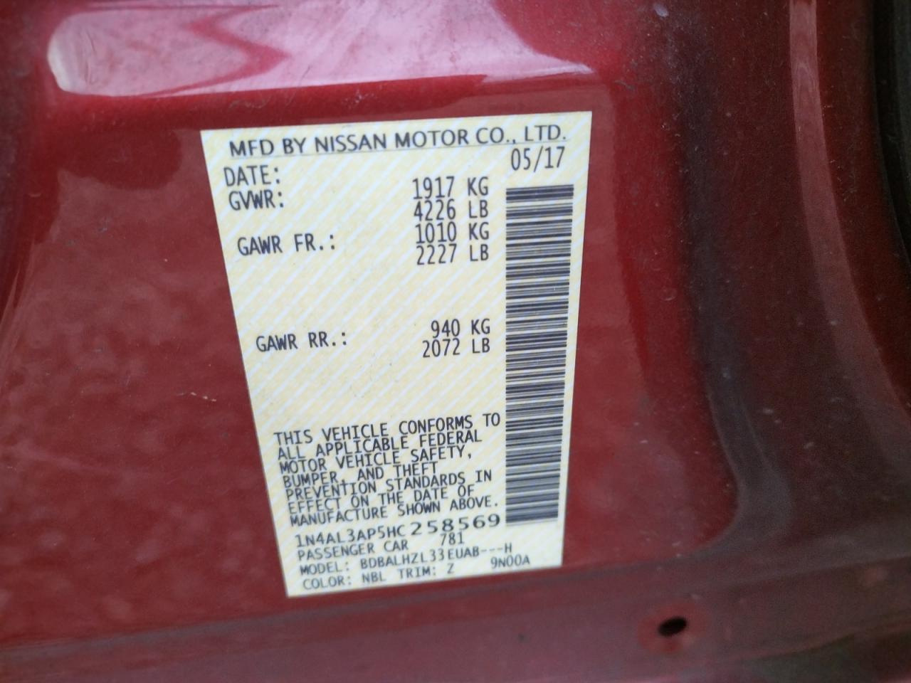 Photo 10 from auction – 2017 NISSAN ALTIMA 2.5 with VIN 1N4AL3AP5HC258569