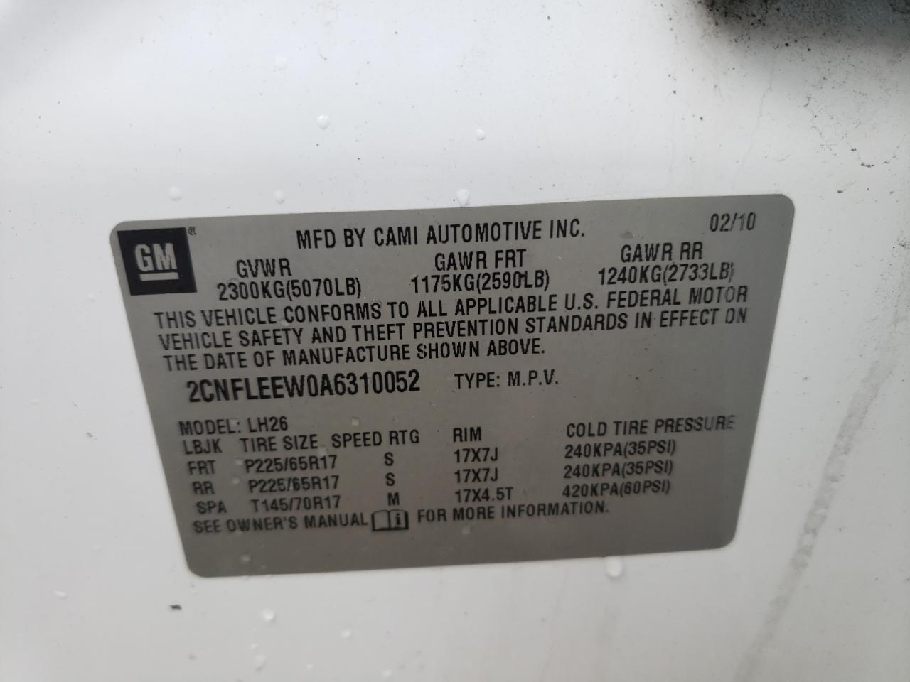 Photo 10 from auction – 2010 CHEVROLET EQUINOX LT with VIN 2CNFLEEW0A6310052