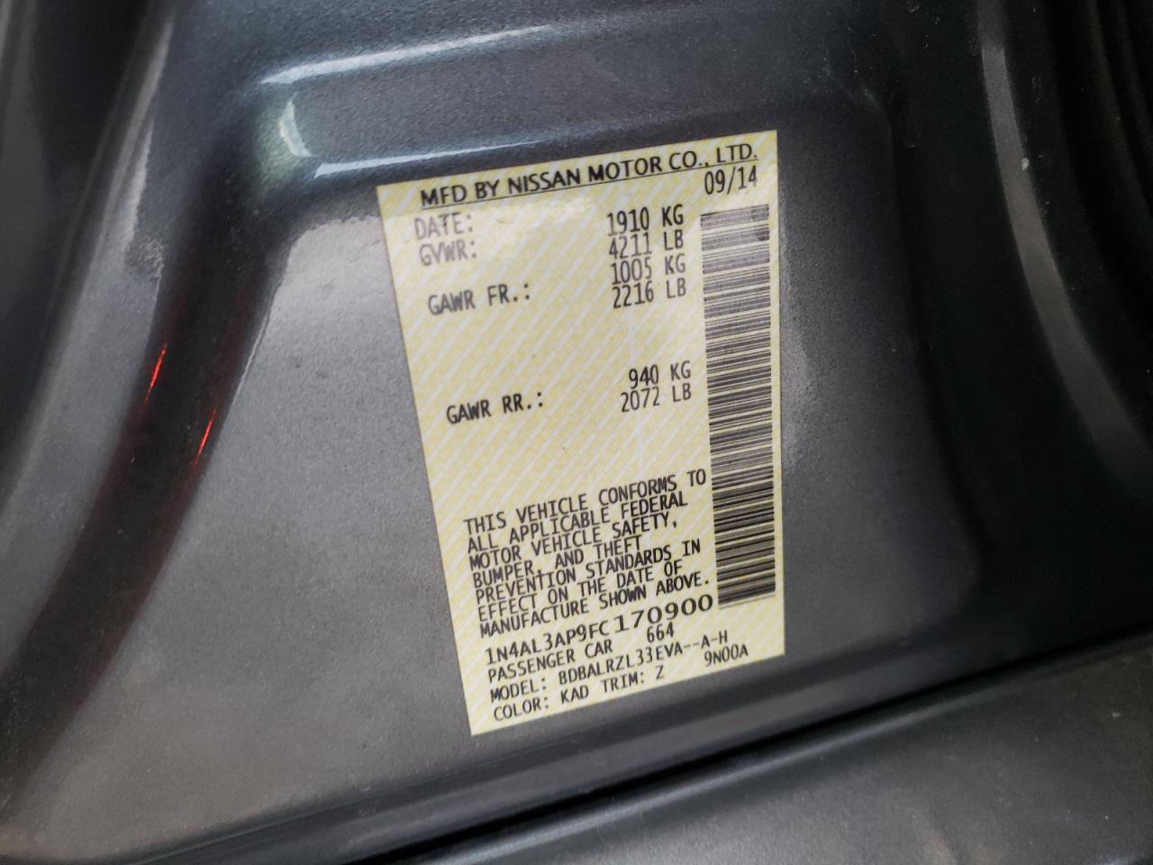 Photo 10 from auction – 2015 NISSAN ALTIMA 2.5 with VIN 1N4AL3AP9FC170900