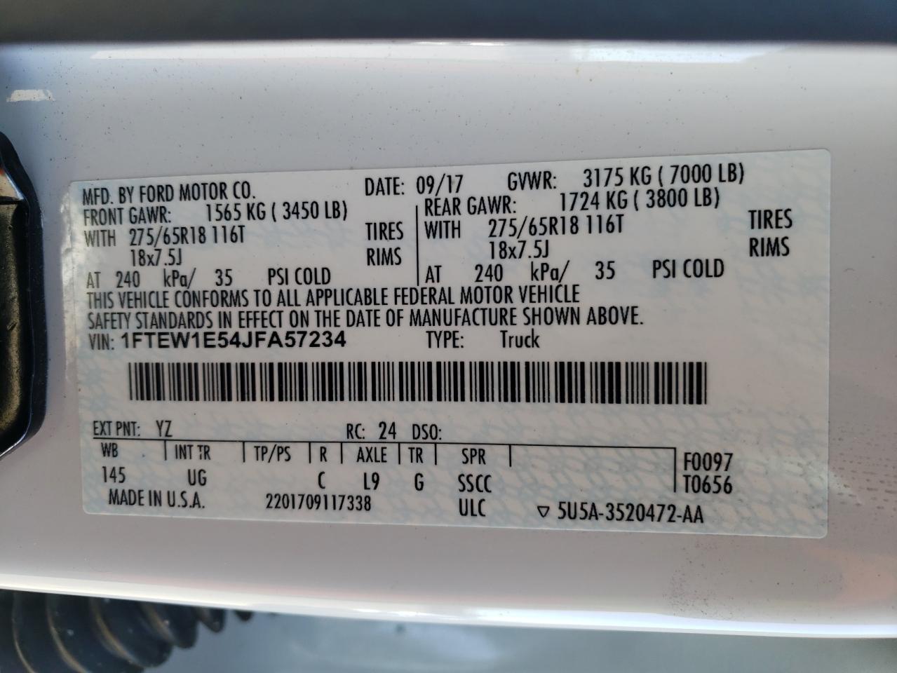 Photo 10 from auction – 2018 FORD F150 SUPER with VIN 1FTEW1E54JFA57234