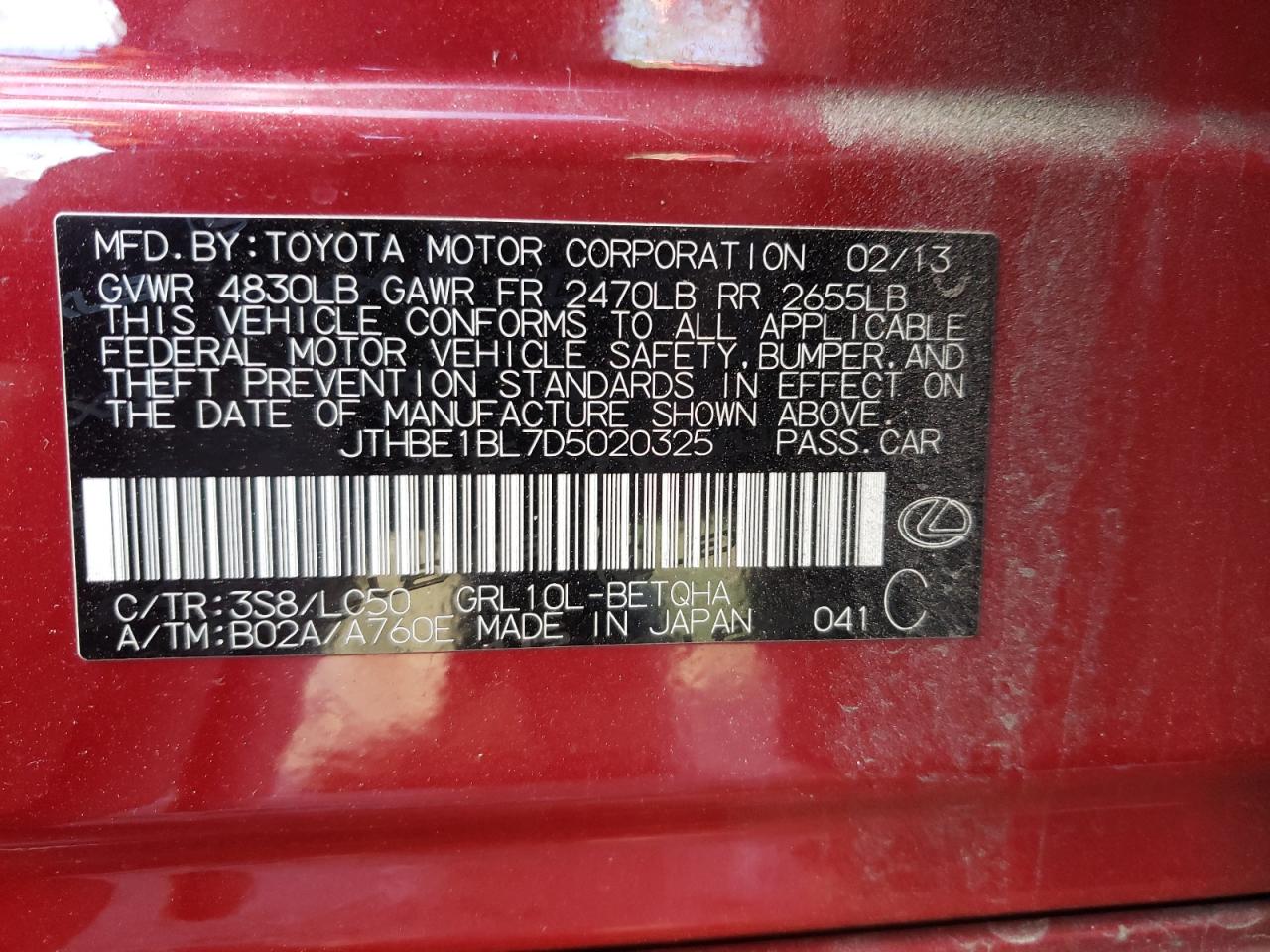Photo 10 from auction – 2013 LEXUS GS 350 with VIN JTHBE1BL7D5020325