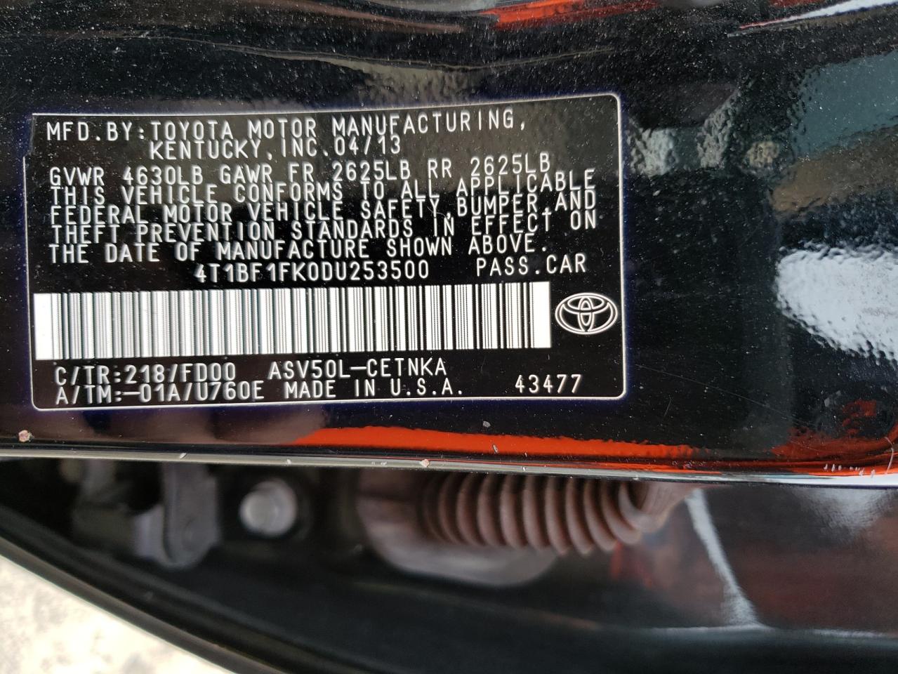 Photo 10 from auction – 2013 TOYOTA CAMRY L with VIN 4T1BF1FK0DU253500