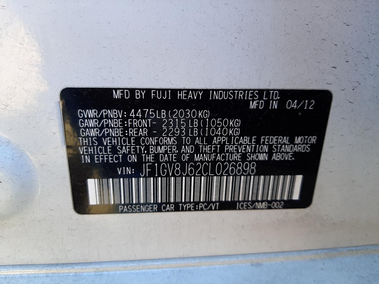 Photo 10 from auction – 2012 SUBARU IMPREZA WR with VIN JF1GV8J62CL026898