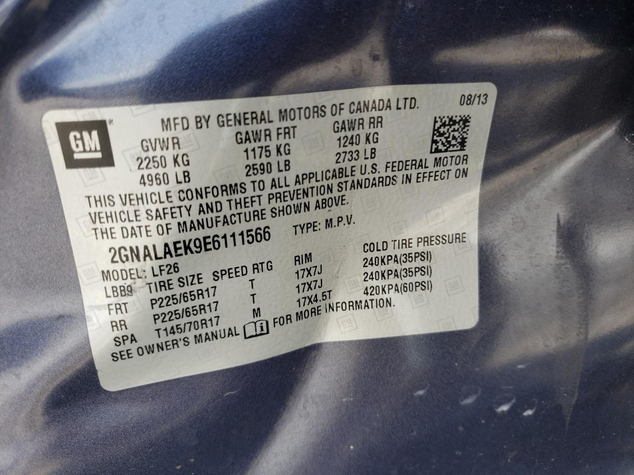 Photo 10 from auction – 2014 CHEVROLET EQUINOX LS with VIN 2GNALAEK9E6111566