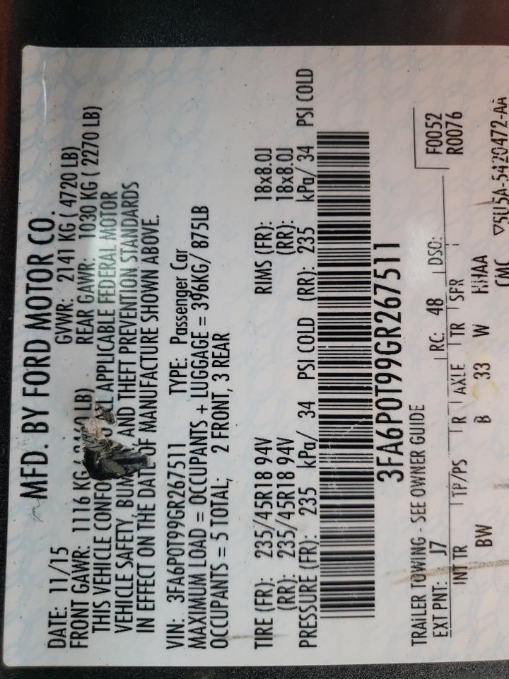 Photo 10 from auction – 2016 FORD FUSION SE with VIN 3FA6P0T99GR267511