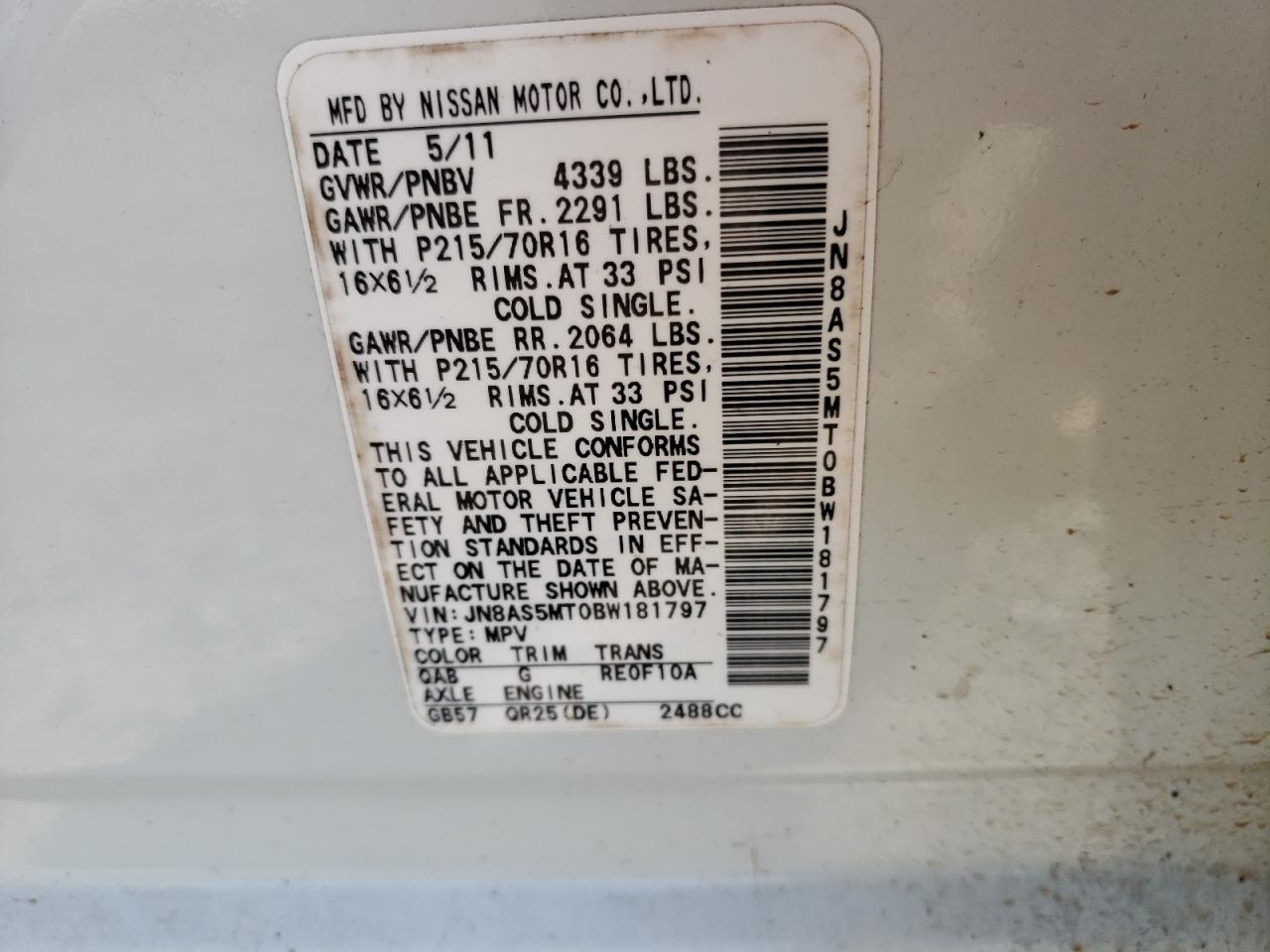 Photo 10 from auction – 2011 NISSAN ROGUE S with VIN JN8AS5MT0BW181797