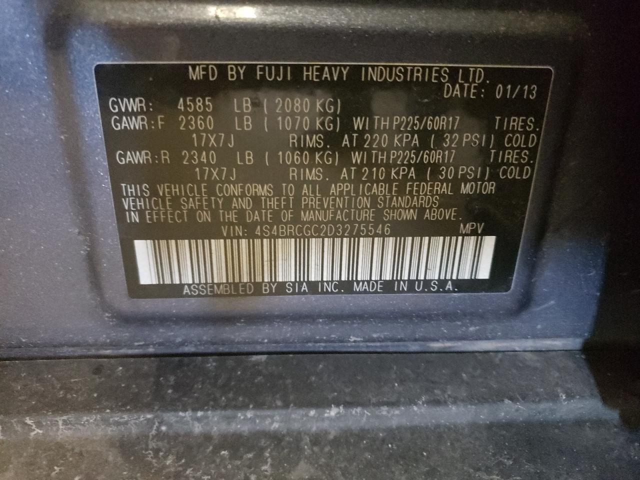 Photo 10 from auction – 2013 SUBARU OUTBACK 2. with VIN 4S4BRCGC2D3275546