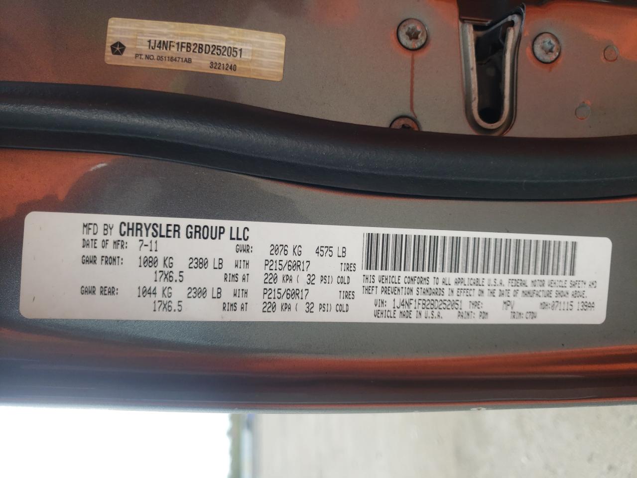 Photo 10 from auction – 2011 JEEP COMPASS SP with VIN 1J4NF1FB2BD252051