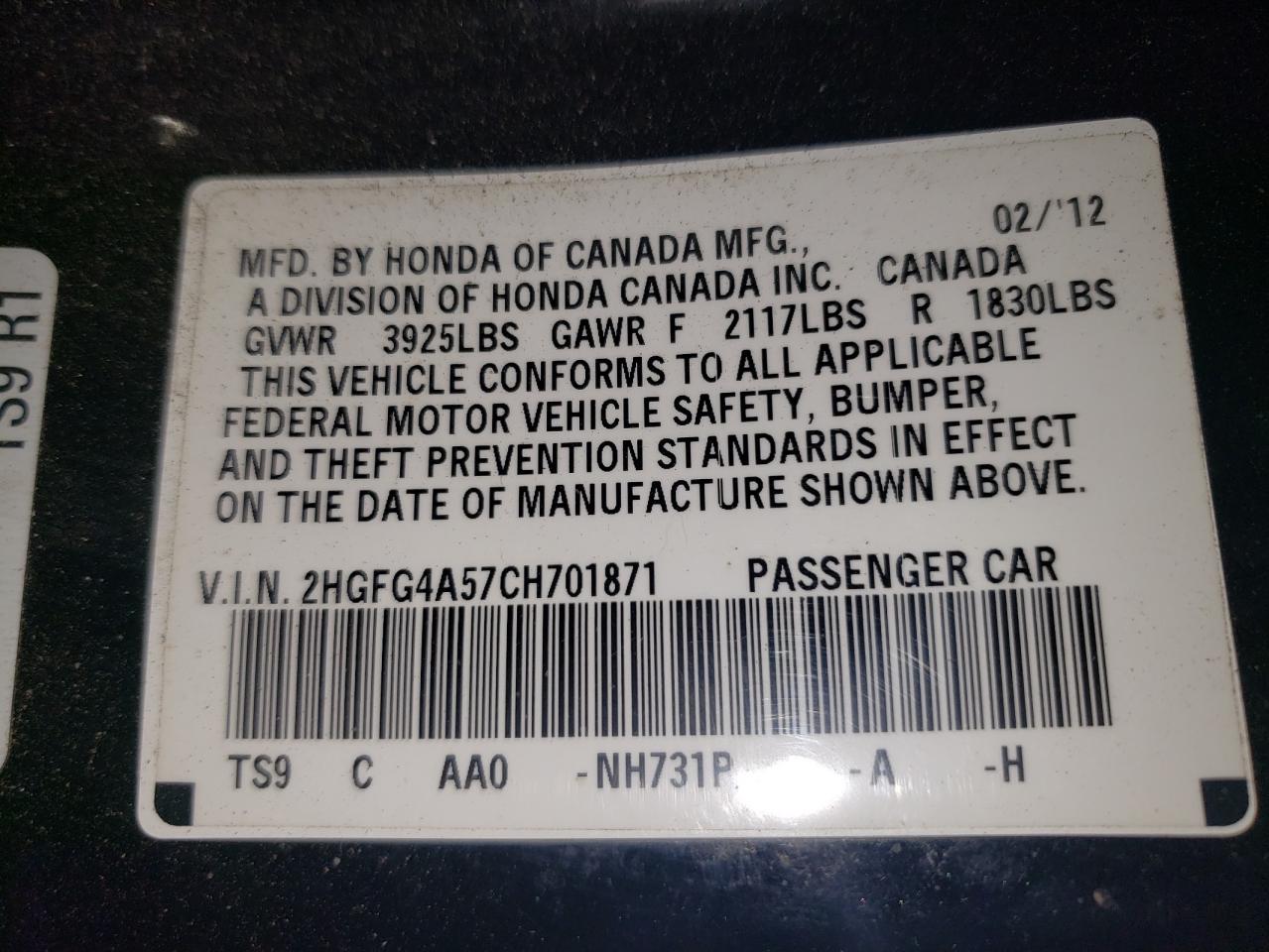 Photo 10 from auction – 2012 HONDA CIVIC SI with VIN 2HGFG4A57CH701871