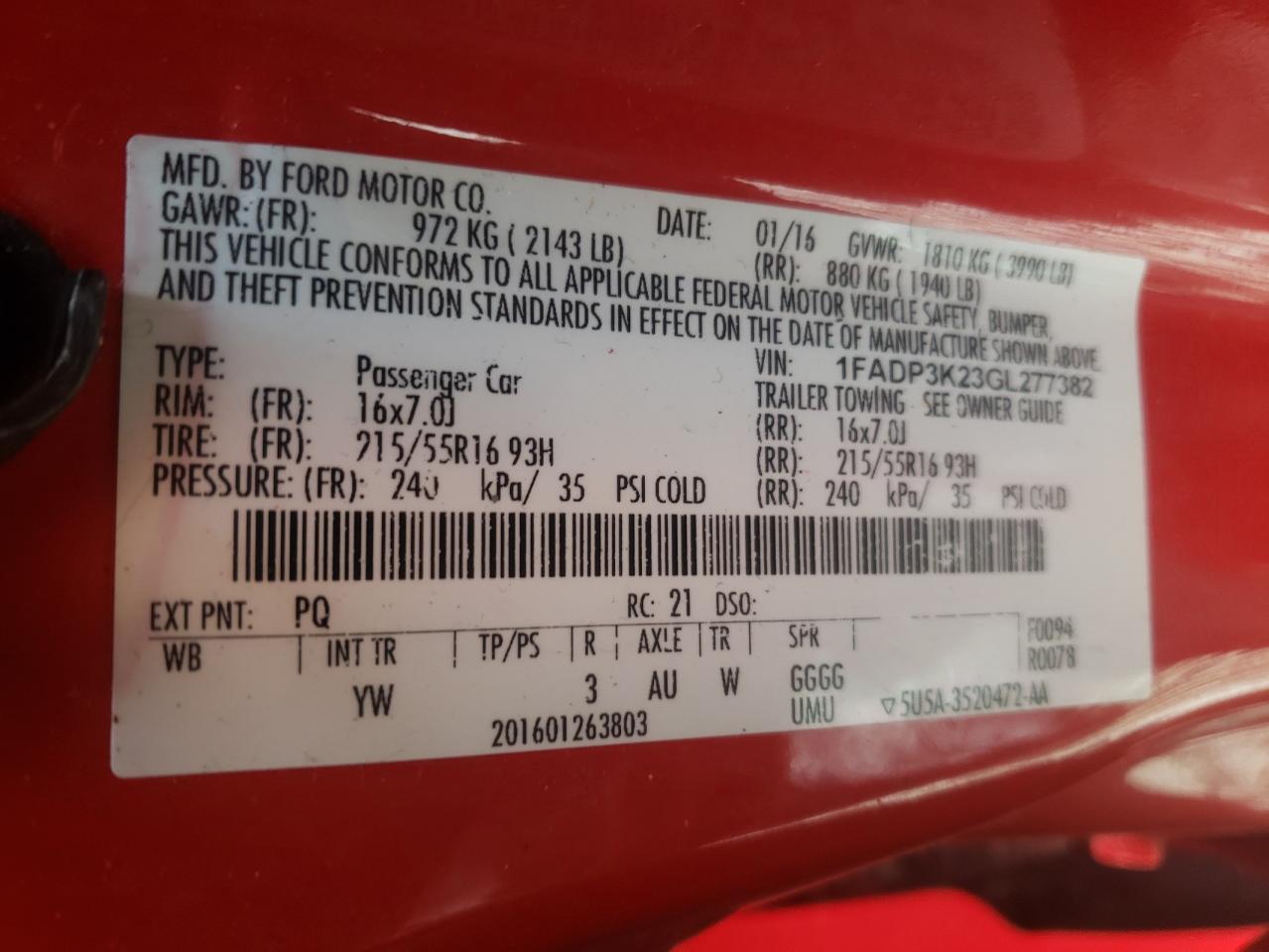Photo 10 from auction – 2016 FORD FOCUS SE with VIN 1FADP3K23GL277382