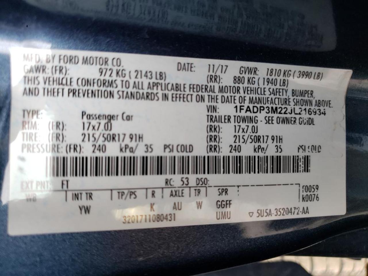 Photo 10 from auction – 2018 FORD FOCUS SEL with VIN 1FADP3M22JL216934