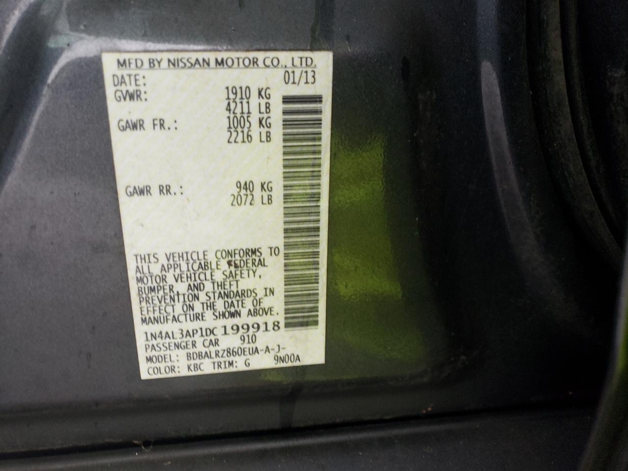 Photo 10 from auction – 2013 NISSAN ALTIMA 2.5 with VIN 1N4AL3AP1DC199918
