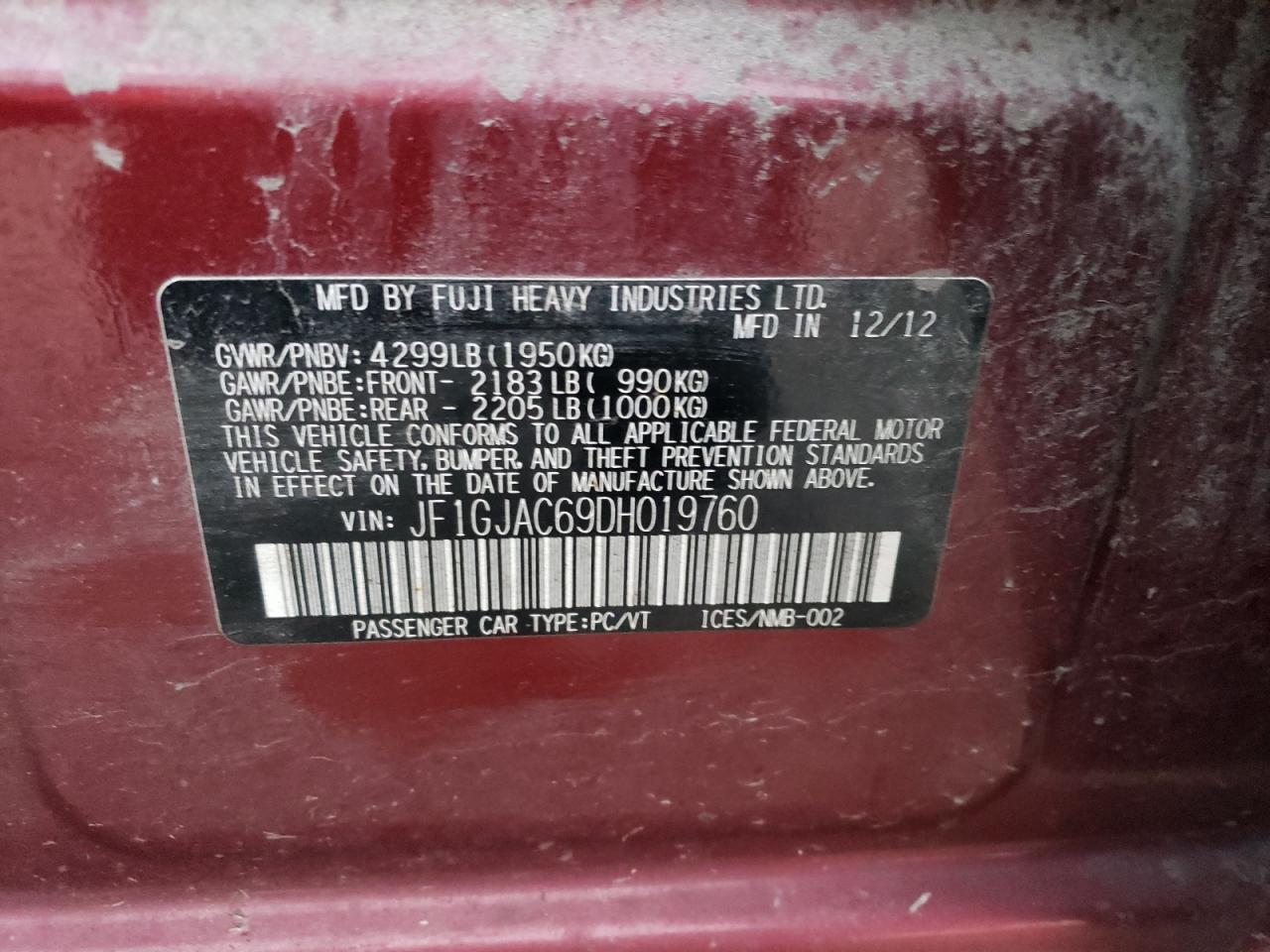 Photo 10 from auction – 2013 SUBARU IMPREZA PR with VIN JF1GJAC69DH019760