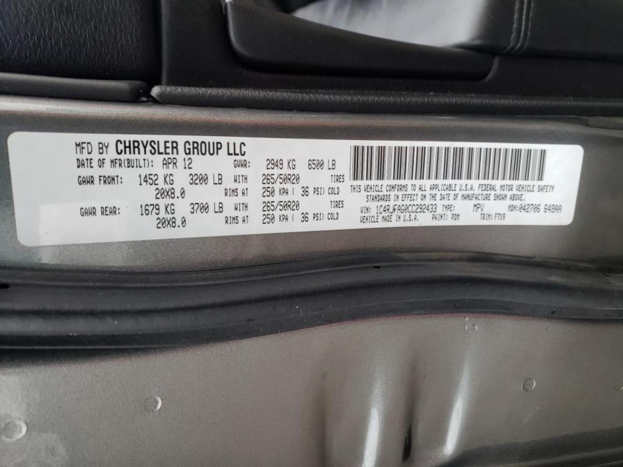 Photo 10 from auction – 2012 JEEP GRAND CHER with VIN 1C4RJFAG0CC292433