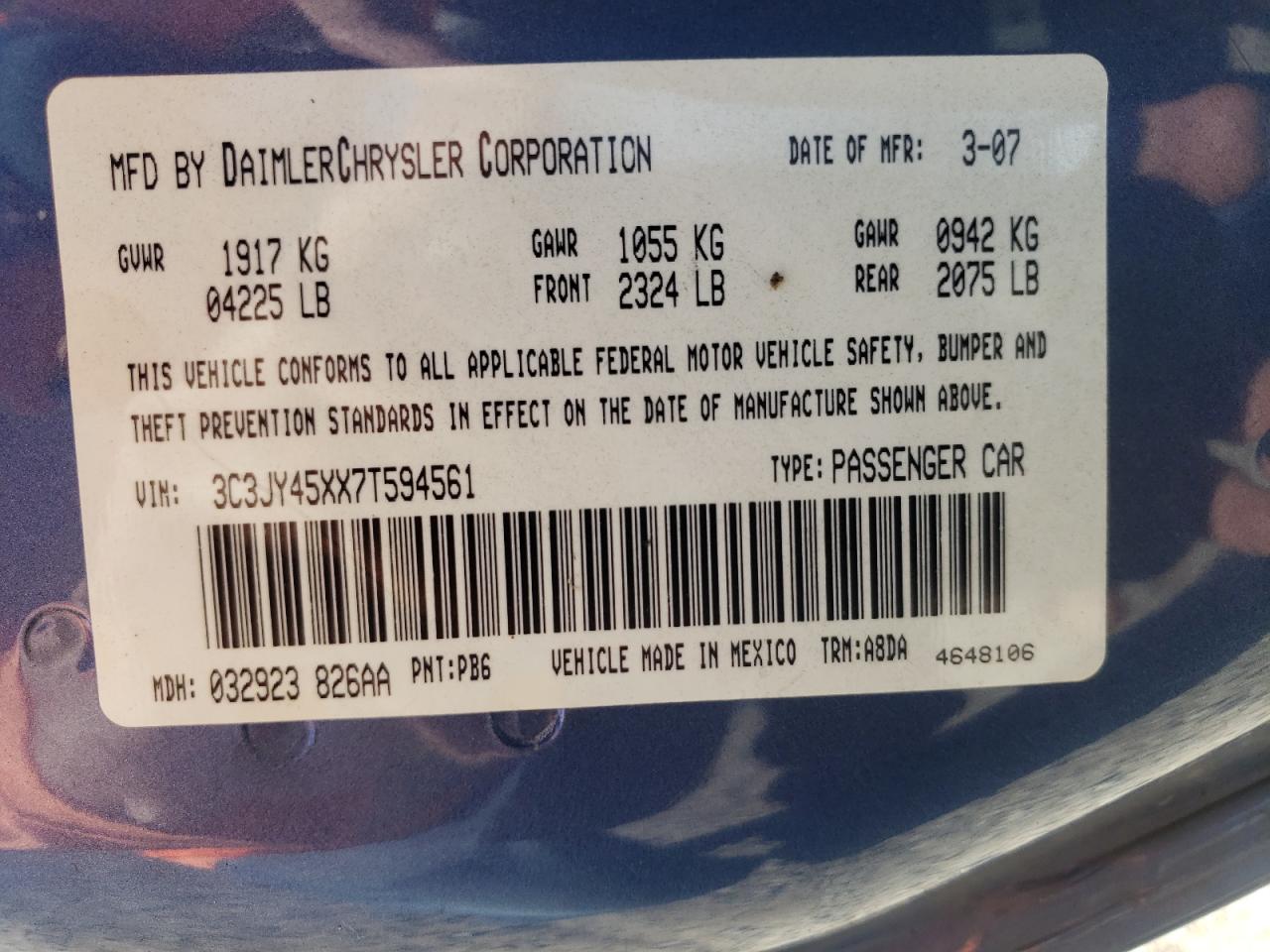 Photo 10 from auction – 2007 CHRYSLER PT CRUISER with VIN 3C3JY45XX7T594561