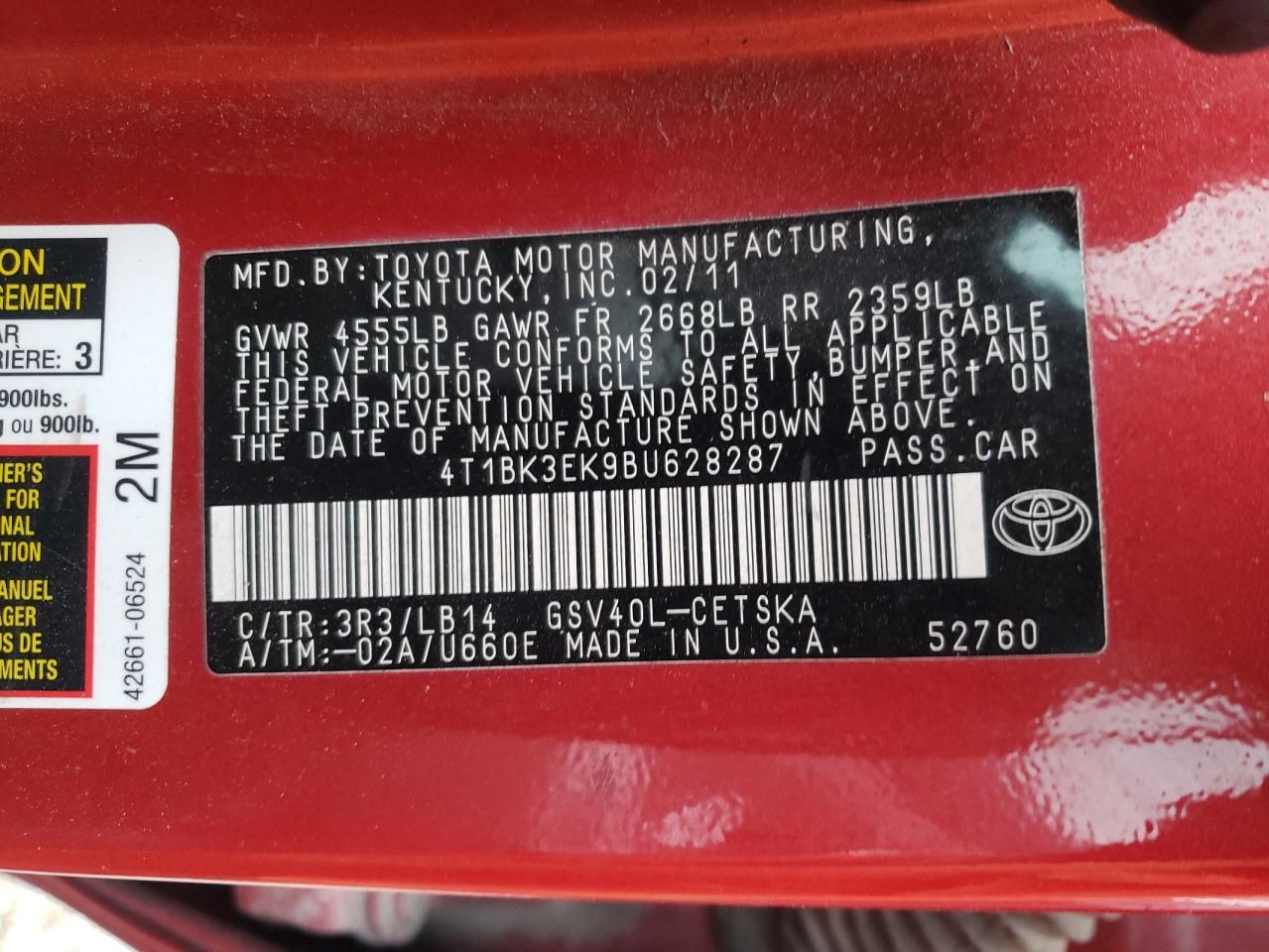 Photo 10 from auction – 2011 TOYOTA CAMRY SE with VIN 4T1BK3EK9BU628287