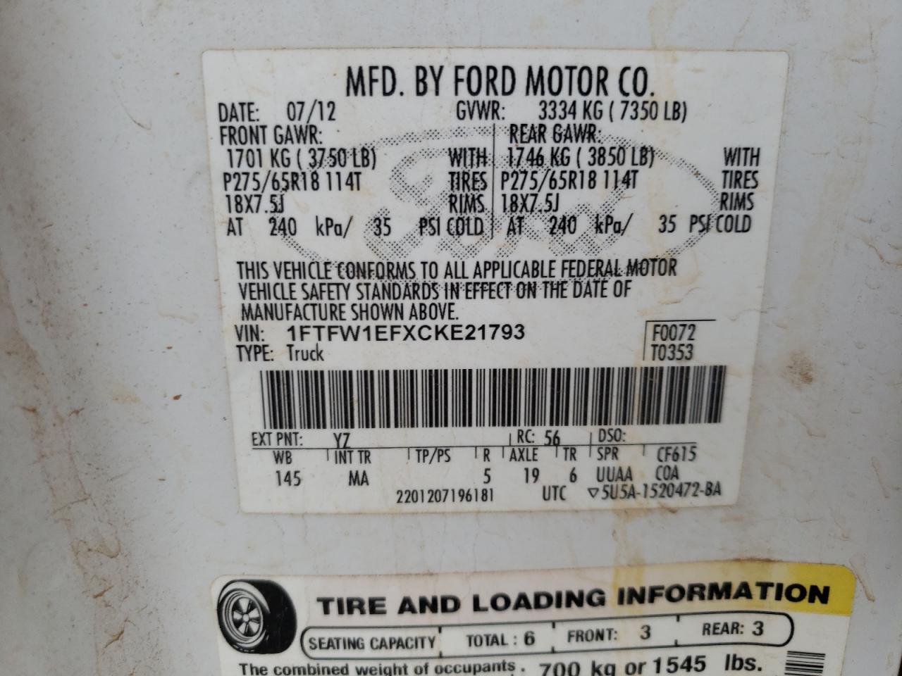 Photo 10 from auction – 2012 FORD F150 SUPER with VIN 1FTFW1EFXCKE21793