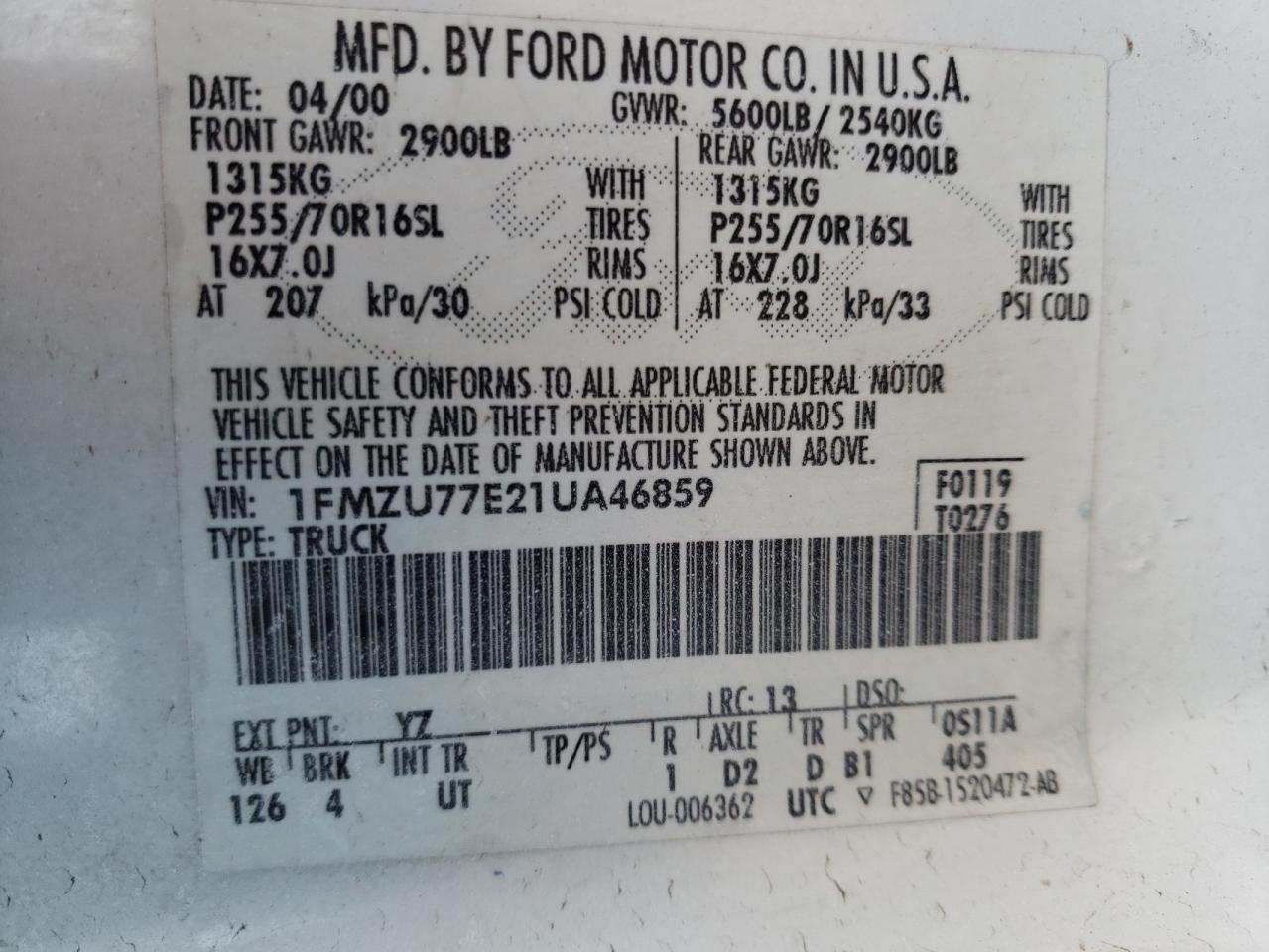 Photo 10 from auction – 2001 FORD EXPLORER S with VIN 1FMZU77E21UA46859