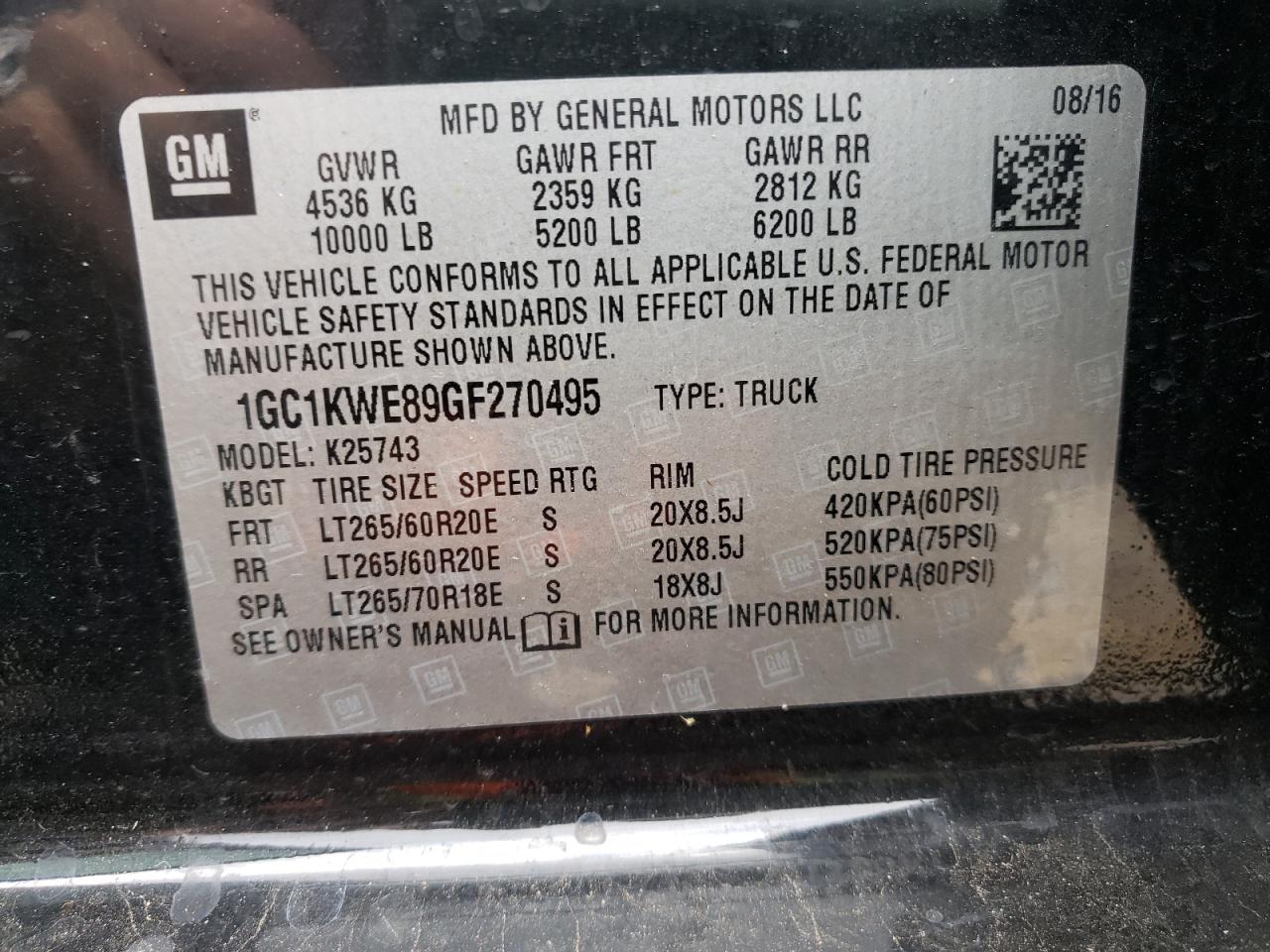 Photo 10 from auction – 2016 CHEVROLET SILVERADO with VIN 1GC1KWE89GF270495