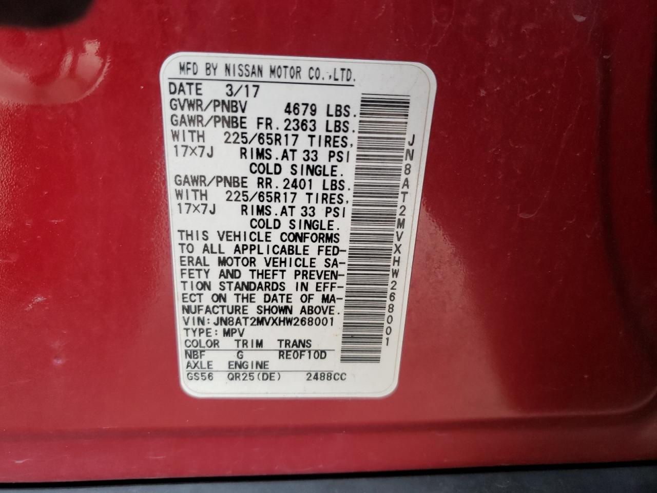 Photo 10 from auction – 2017 NISSAN ROGUE S with VIN JN8AT2MVXHW268001
