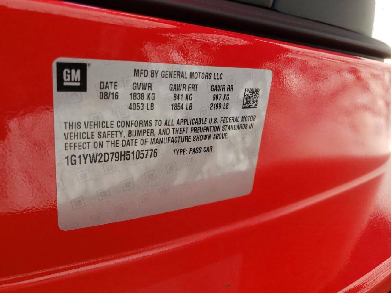 Photo 10 from auction – 2017 CHEVROLET CORVETTE G with VIN 1G1YW2D79H5105776