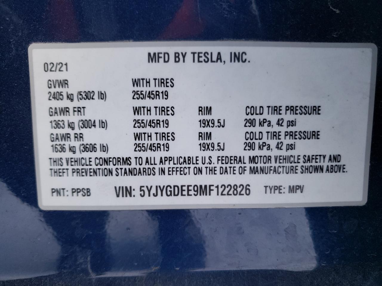Photo 10 from auction – 2021 TESLA MODEL Y with VIN 5YJYGDEE9MF122826