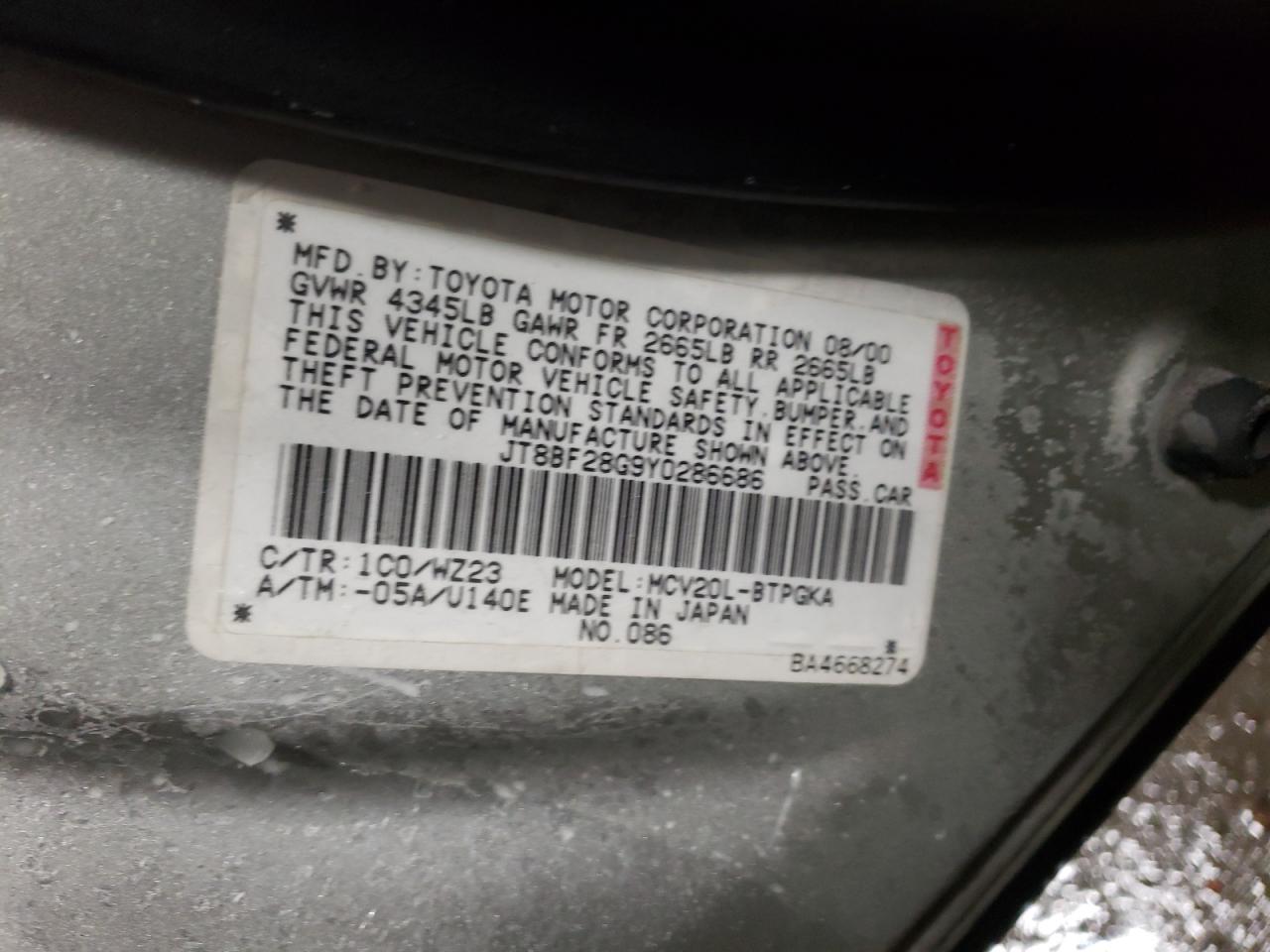Foto 10 de la subasta – 2000 LEXUS ES 300 con VIN JT8BF28G9Y0286686
