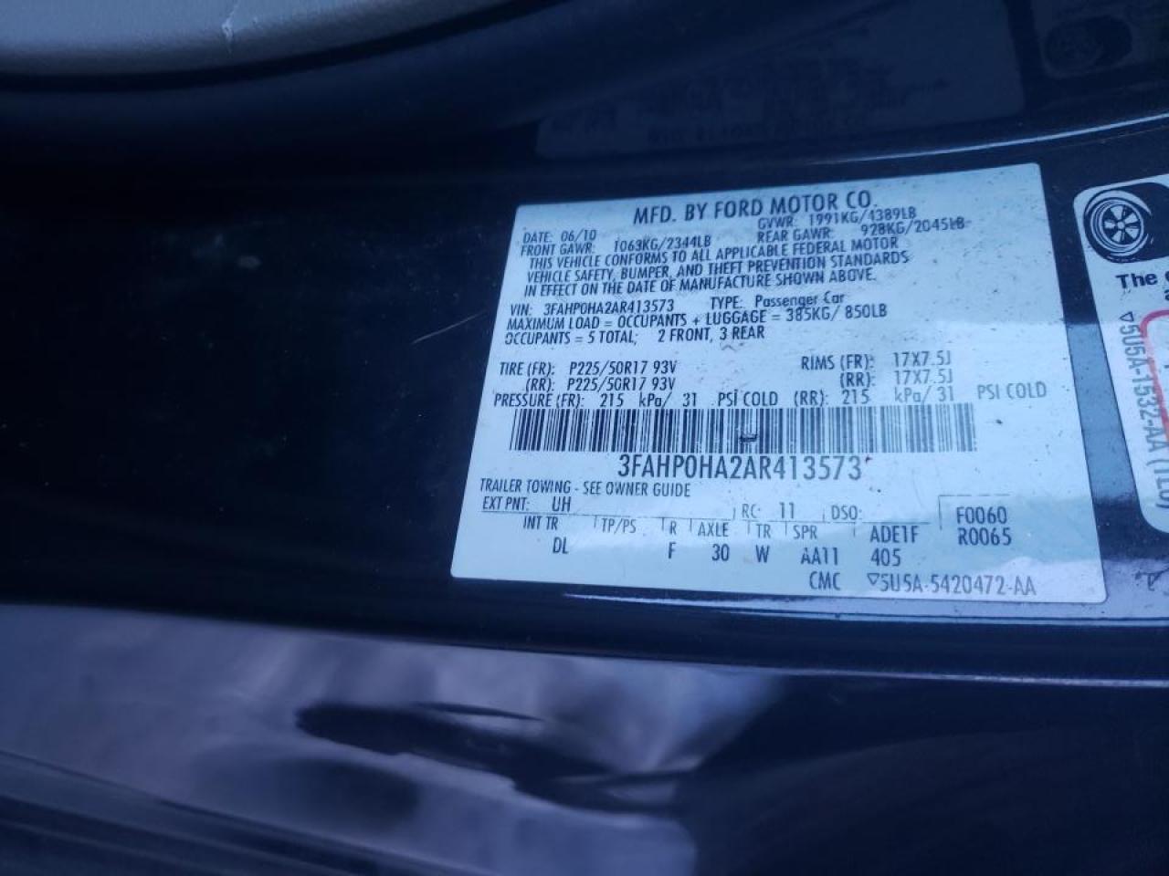 Photo 10 from auction – 2010 FORD FUSION SE with VIN 3FAHP0HA2AR413573