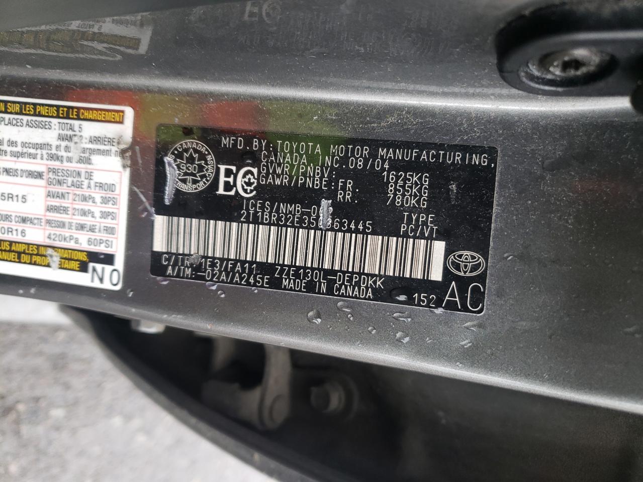 Photo 10 from auction – 2005 TOYOTA COROLLA CE with VIN 2T1BR32E35C863445