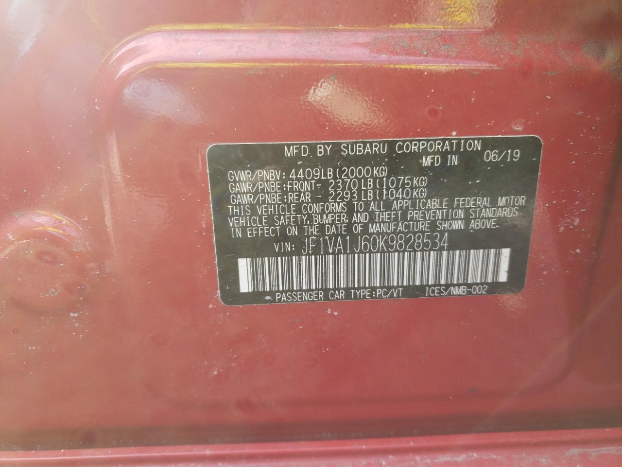 Photo 10 from auction – 2019 SUBARU WRX LIMITE with VIN JF1VA1J60K9828534
