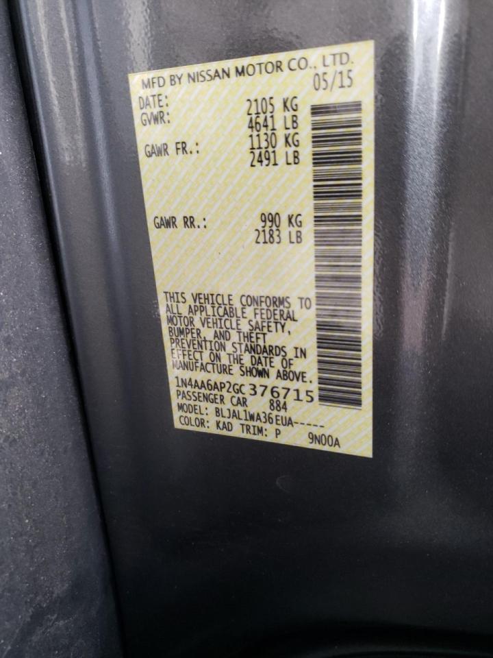 Photo 10 from auction – 2016 NISSAN MAXIMA 3.5 with VIN 1N4AA6AP2GC376715