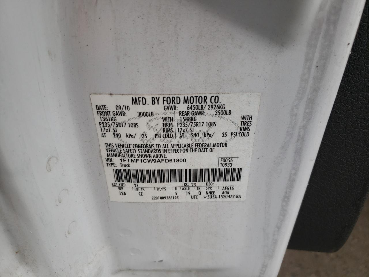 Photo 10 from auction – 2010 FORD F150 with VIN 1FTMF1CW9AFD61800