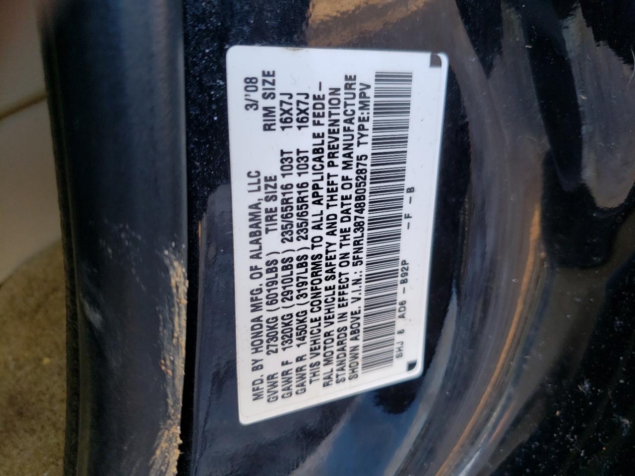 Photo 10 from auction – 2008 HONDA ODYSSEY EX with VIN 5FNRL38748B052875