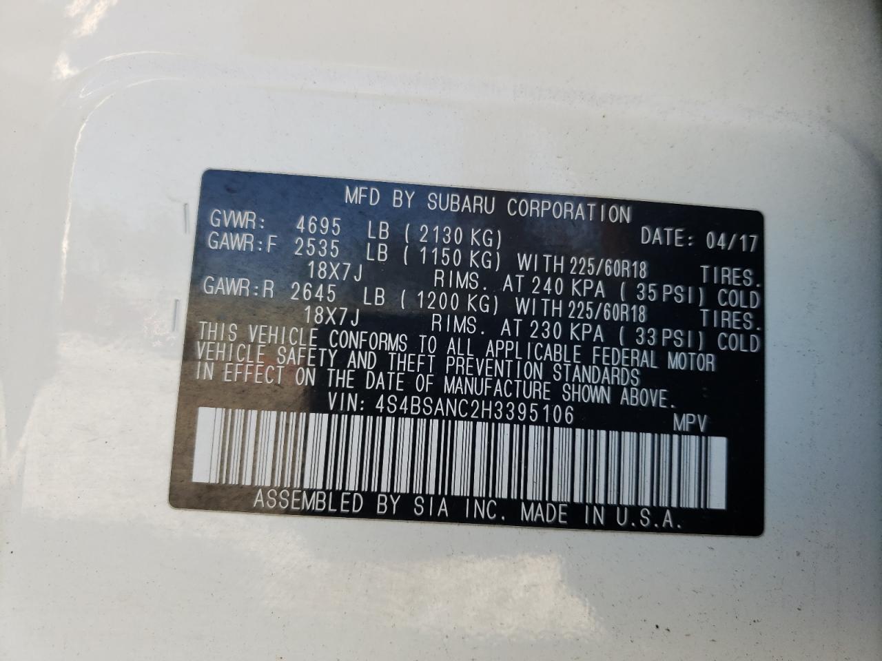 Снимка 10 от търг – 2017 SUBARU OUTBACK 2. с VIN 4S4BSANC2H3395106