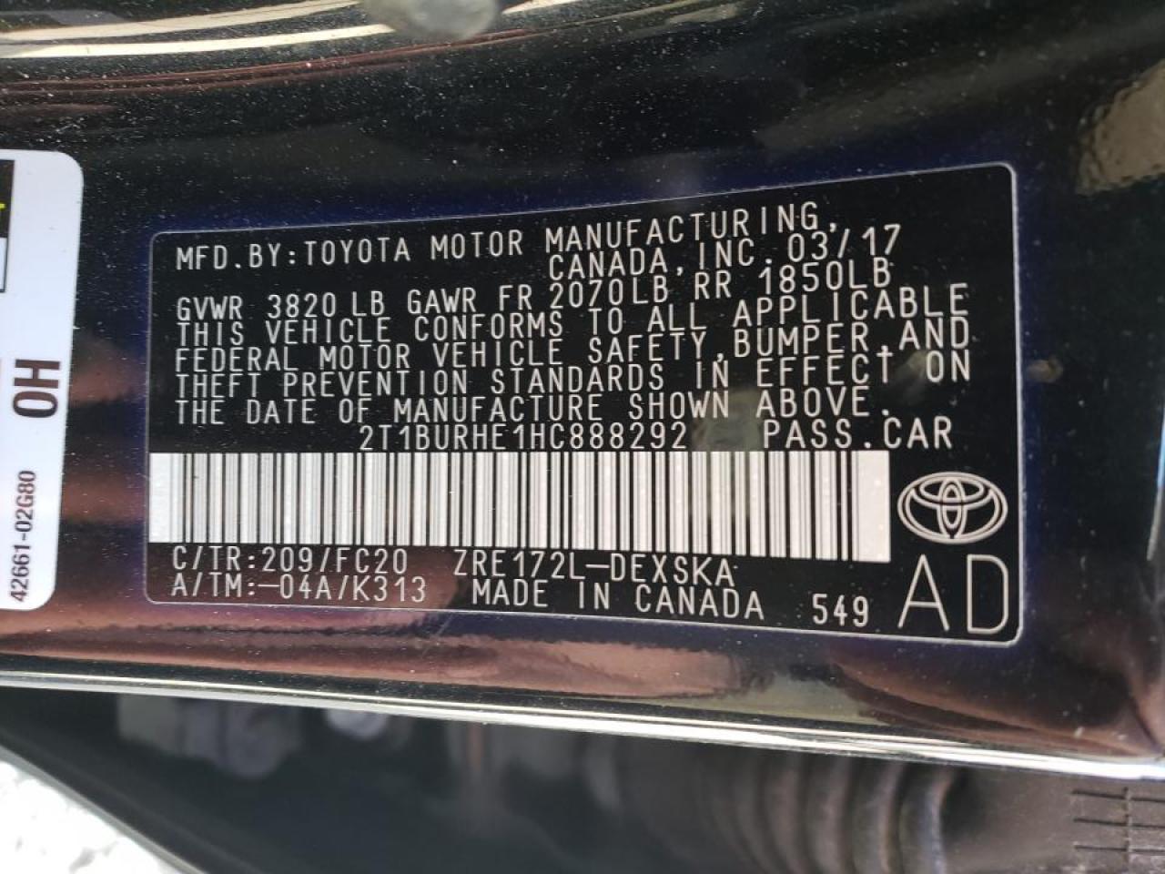 Photo 10 from auction – 2017 TOYOTA COROLLA with VIN 2T1BURHE1HC888292