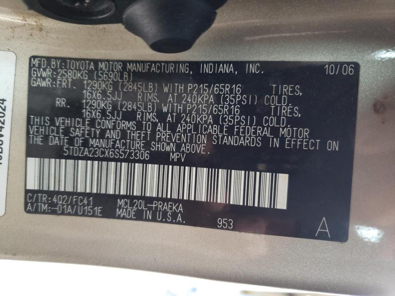 Photo 10 from auction – 2006 TOYOTA SIENNA CE with VIN 5TDZA23CX6S573306